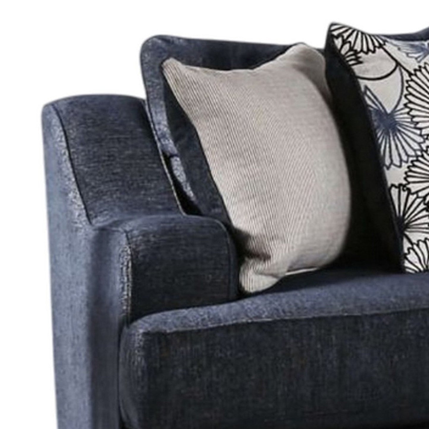 Nora Sofa, Dark Navy Blue, 5 Accent Pillows, Solid Wood, 96 Inch
