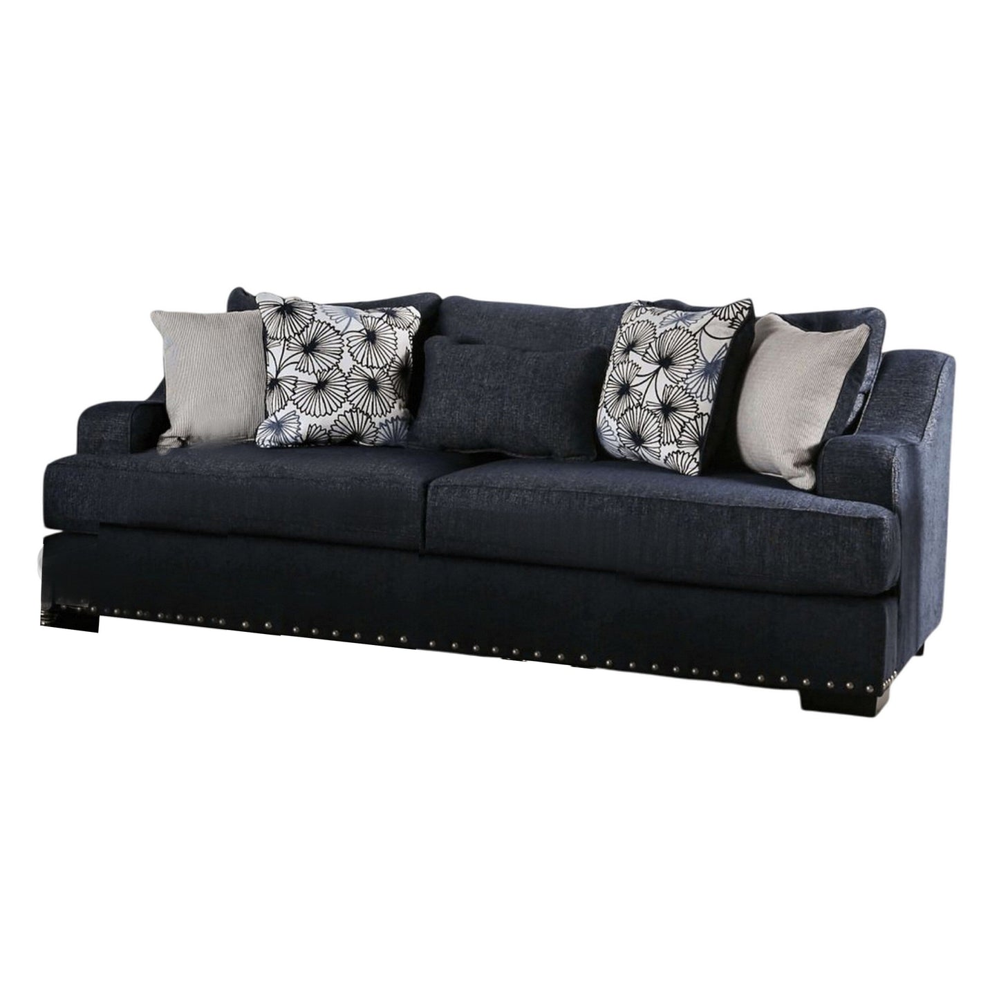 Nora Sofa, Dark Navy Blue, 5 Accent Pillows, Solid Wood, 96 Inch