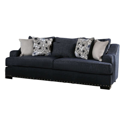 Nora Sofa, Dark Navy Blue, 5 Accent Pillows, Solid Wood, 96 Inch