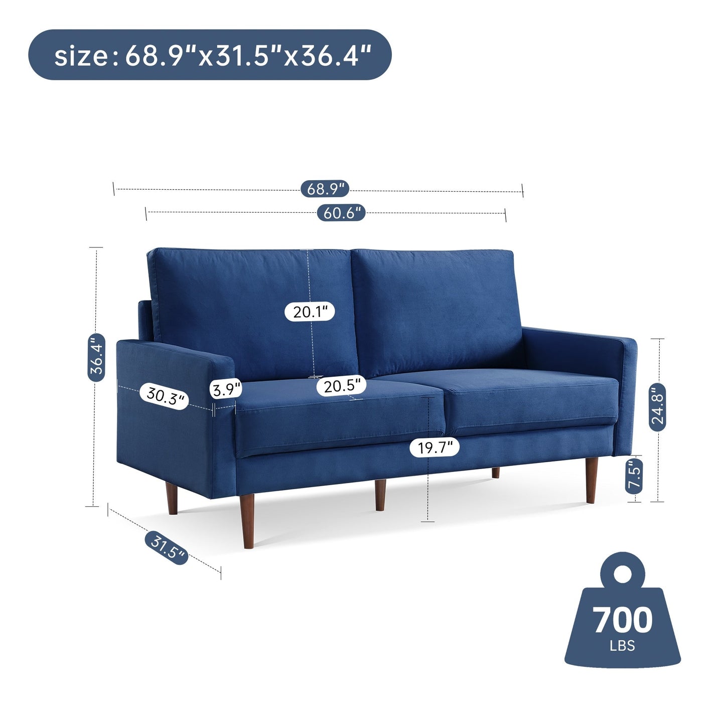OS Home and Office Furniture 69 Inch Wide Upholstered Sofa with Square Arms