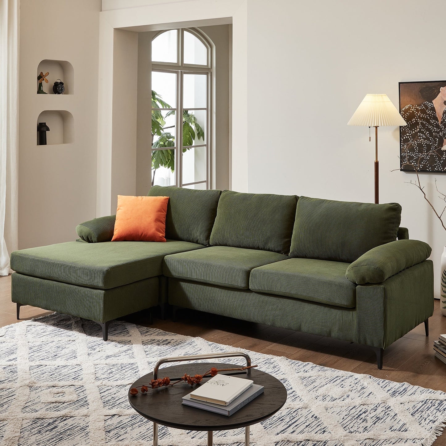 OVIOS Reversible Chaise Sofa With Fluffy Cushions Metal Legs