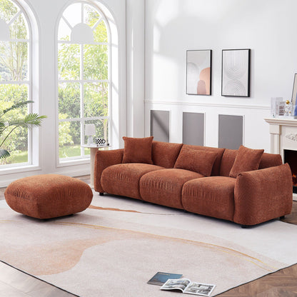 Orange 102.36'' Boucle Fabric 3-Seater Sofa with 3 Pillows, Ottoman, Ergonomic Back, and Thick Seat Cushions