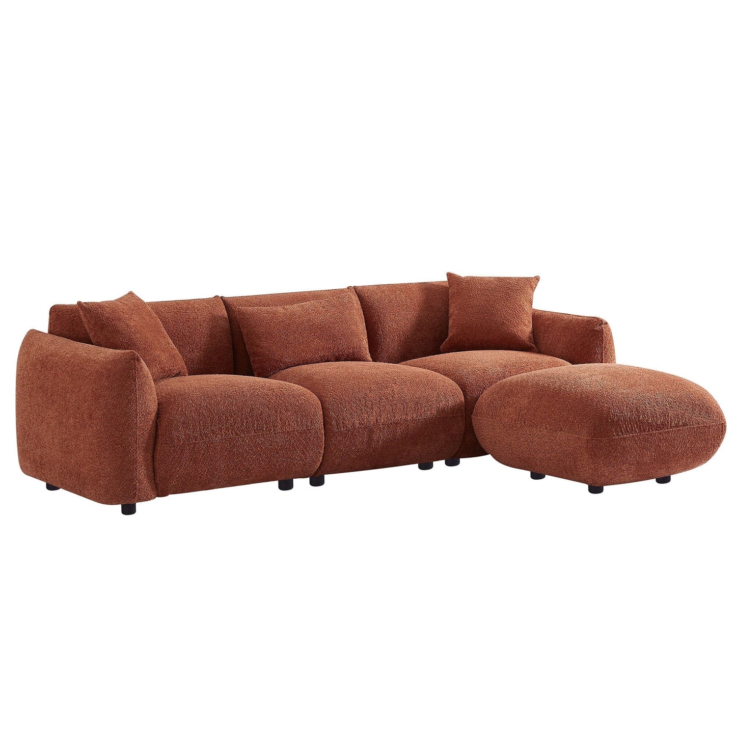 Orange 102.36'' Boucle Fabric 3-Seater Sofa with 3 Pillows, Ottoman, Ergonomic Back, and Thick Seat Cushions