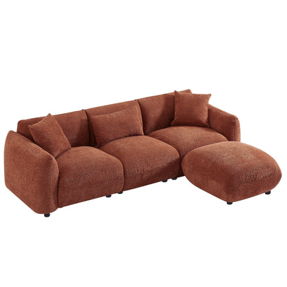 Orange 102.36'' Boucle Fabric 3-Seater Sofa with 3 Pillows, Ottoman, Ergonomic Back, and Thick Seat Cushions