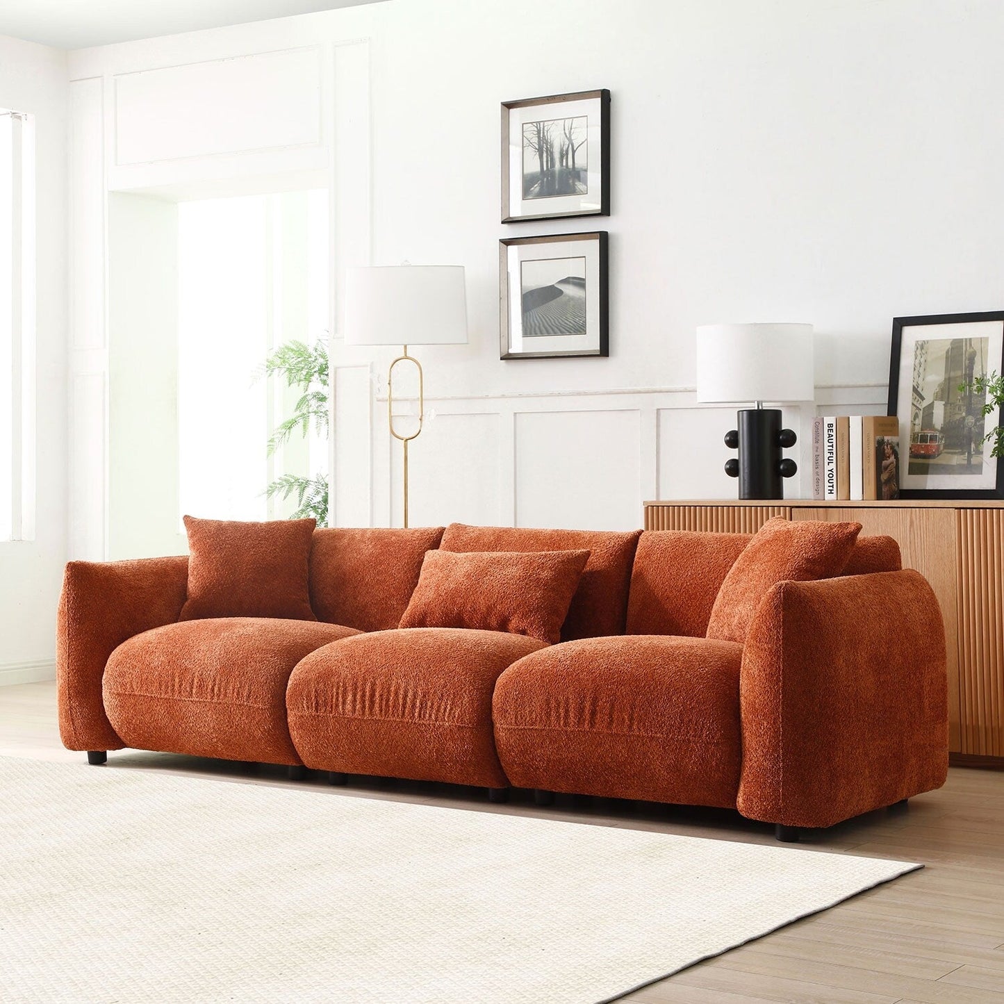 Orange 102.36'' Boucle Fabric 3-Seater Sofa with Ergonomic Back and Thick Seat Cushions