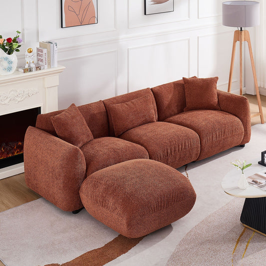 Orange 102.36'' Boucle Upholstered 3 Seater Sofa Couch with 3 Pillow, Ottoman, Ergonomic Design and Thick Cushioning