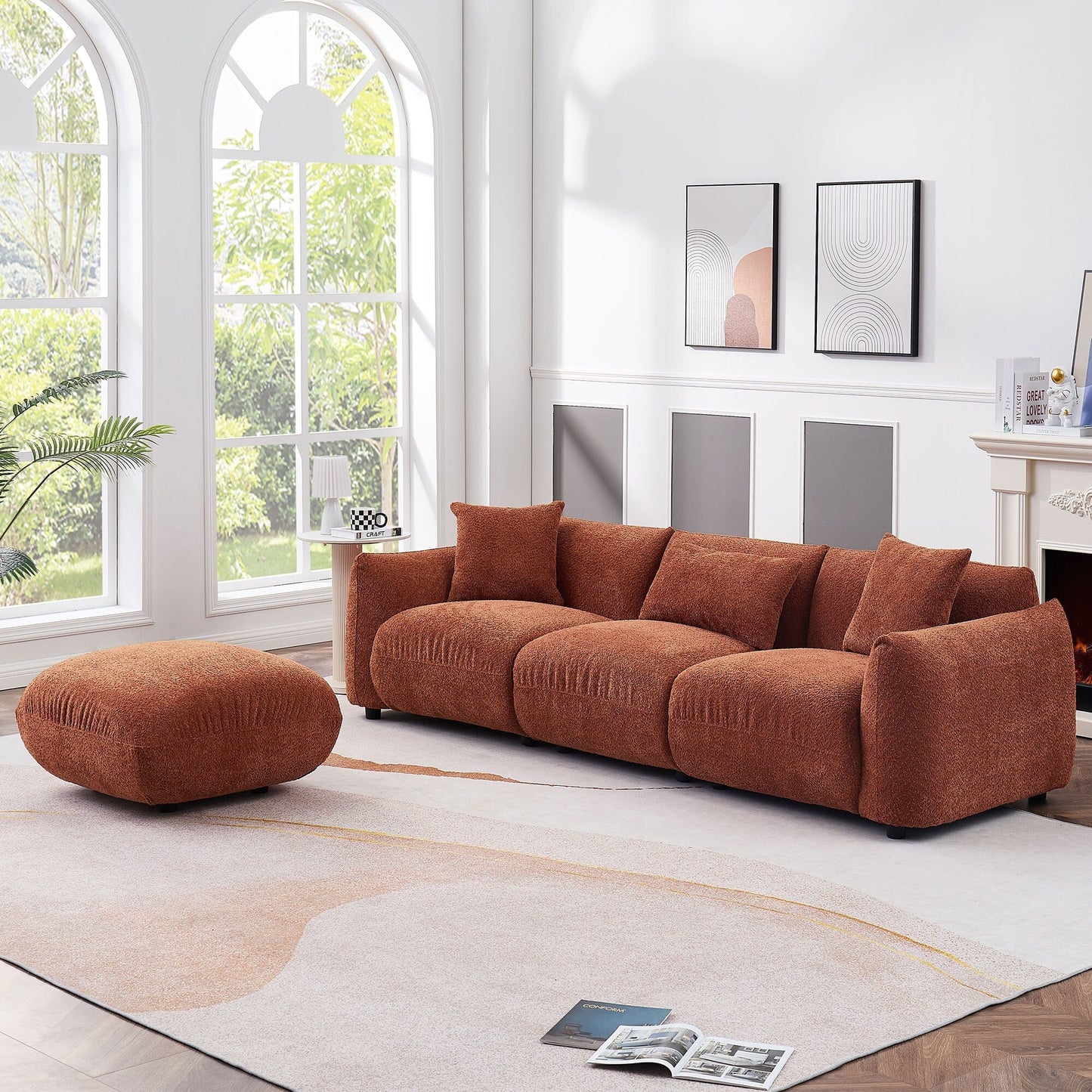 Orange 102.36'' Boucle Upholstered 3 Seater Sofa Couch with 3 Pillow, Ottoman, Ergonomic Design and Thick Cushioning