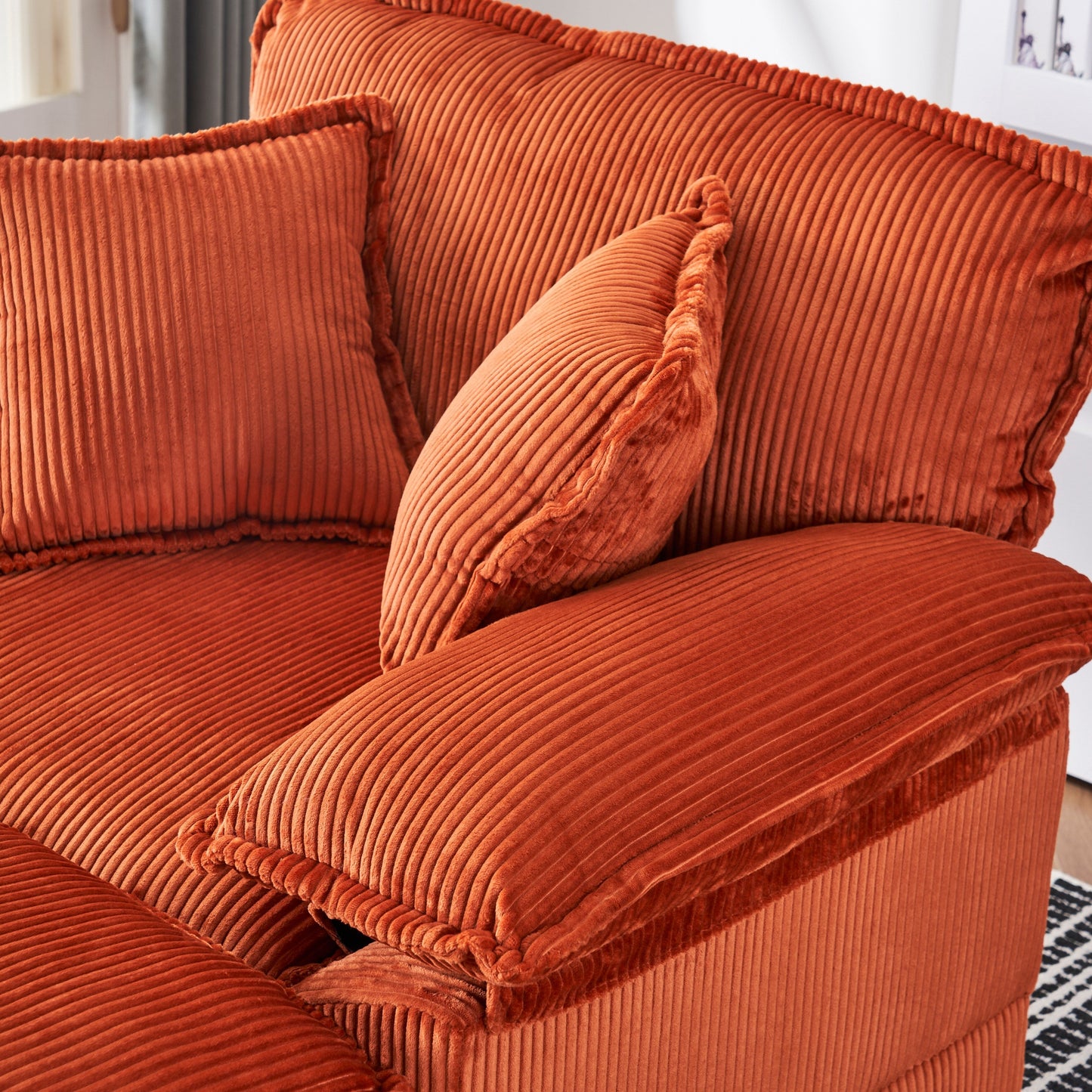 Orange 59.3 Corduroy Single Deep Seat Sofa with 2 Toss Pillows and Ottoman for Living Room