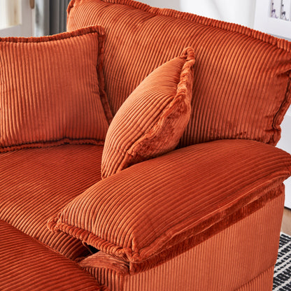 Orange 59.3 Corduroy Single Deep Seat Sofa with 2 Toss Pillows and Ottoman for Living Room