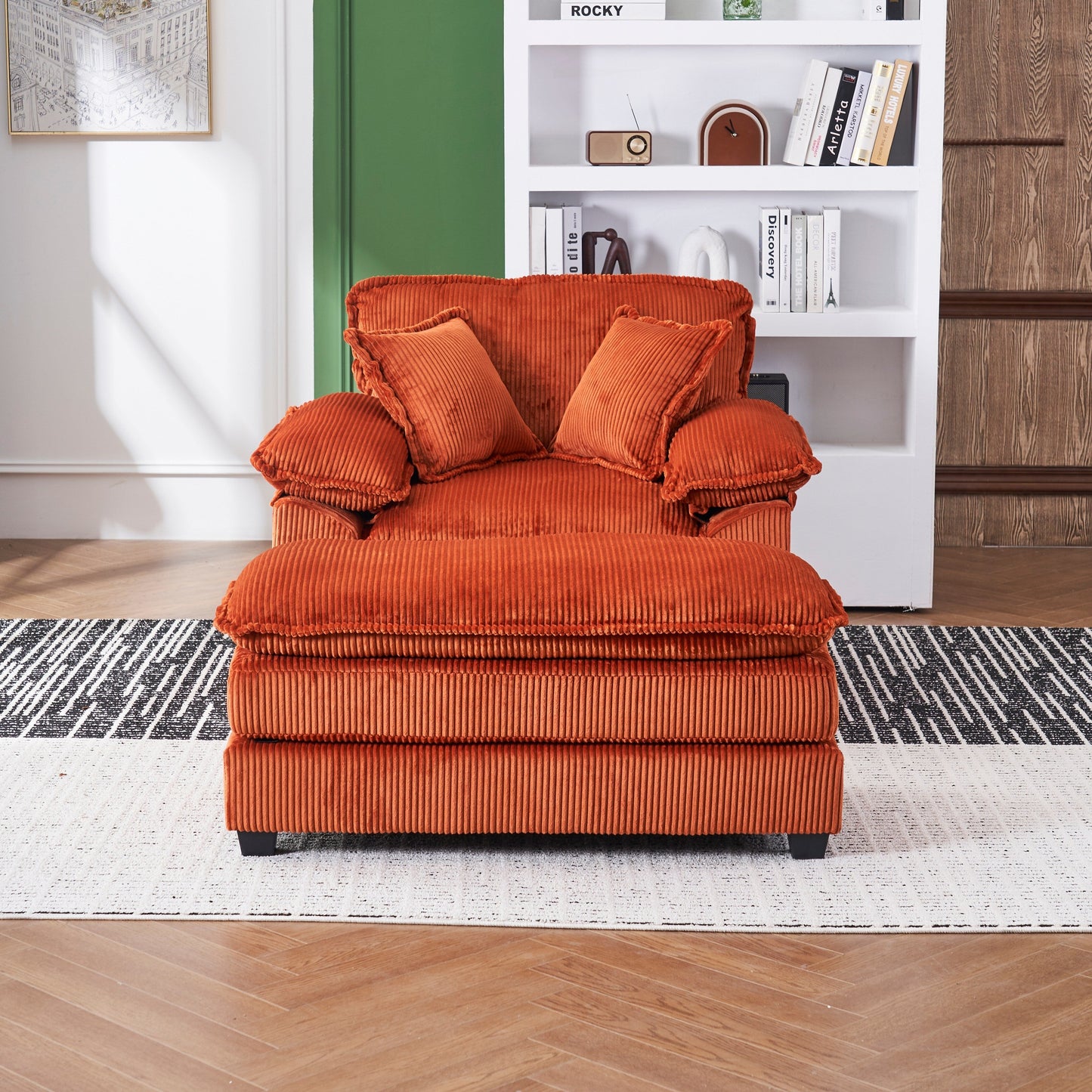 Orange 59.3 Corduroy Single Deep Seat Sofa with 2 Toss Pillows and Ottoman for Living Room