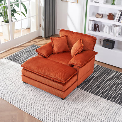 Orange 59.3 Corduroy Single Deep Seat Sofa with 2 Toss Pillows and Ottoman for Living Room