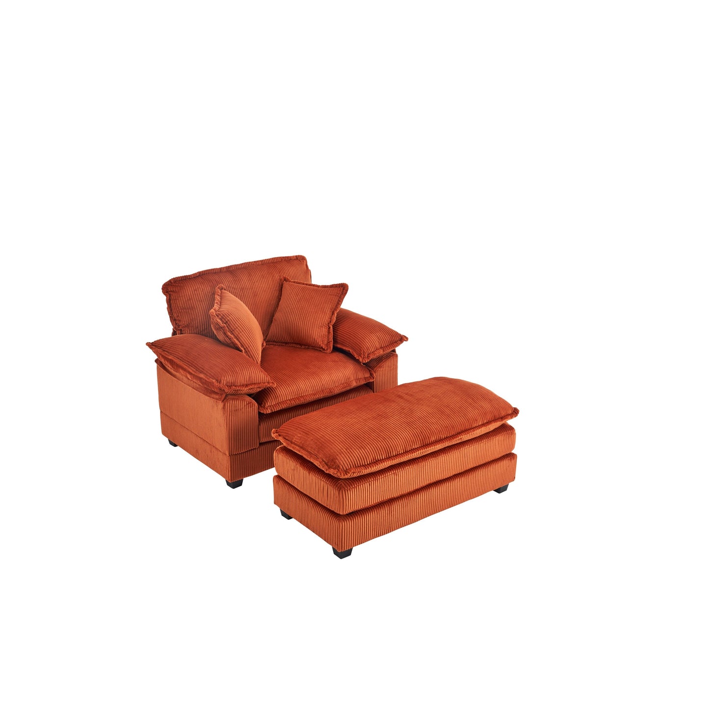 Orange 59.3 Corduroy Single Deep Seat Sofa with 2 Toss Pillows and Ottoman for Living Room