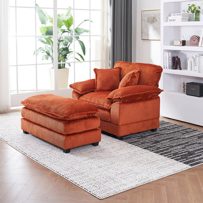 Orange 59.3 Corduroy Single Deep Seat Sofa with 2 Toss Pillows and Ottoman for Living Room