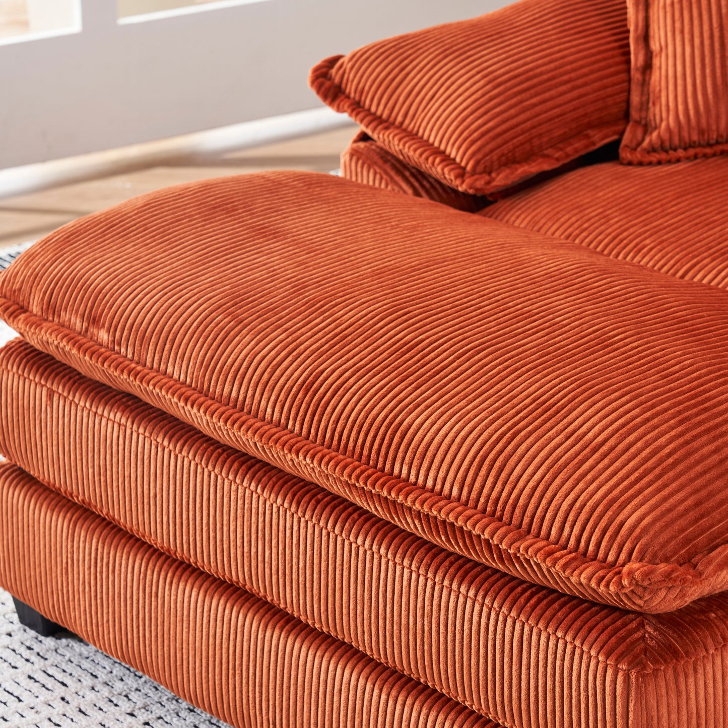 Orange 59.3 Corduroy Single Deep Seat Sofa with 2 Toss Pillows and Ottoman for Living Room