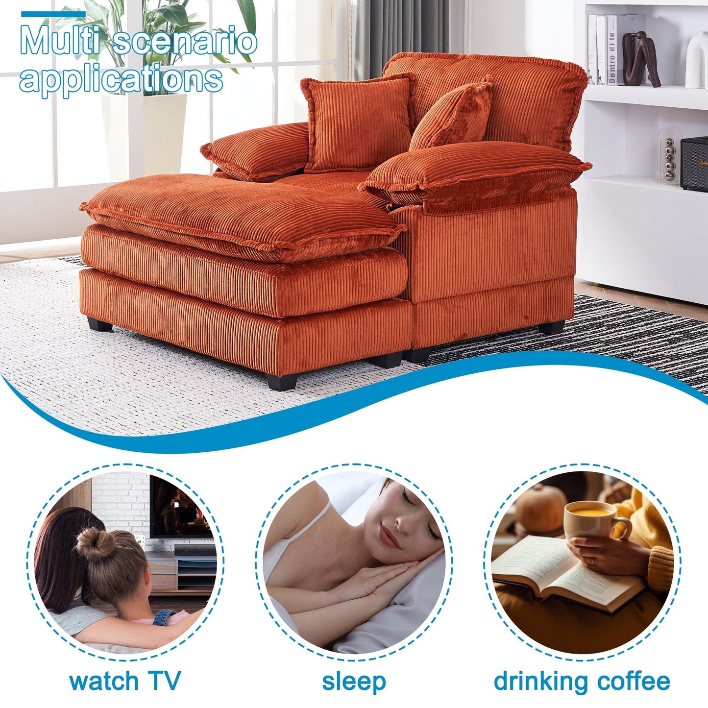 Orange 59.3 Corduroy Single Deep Seat Sofa with 2 Toss Pillows and Ottoman for Living Room