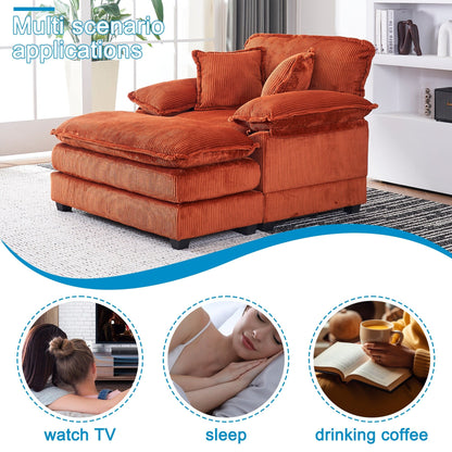 Orange 59.3 Corduroy Single Deep Seat Sofa with 2 Toss Pillows and Ottoman for Living Room