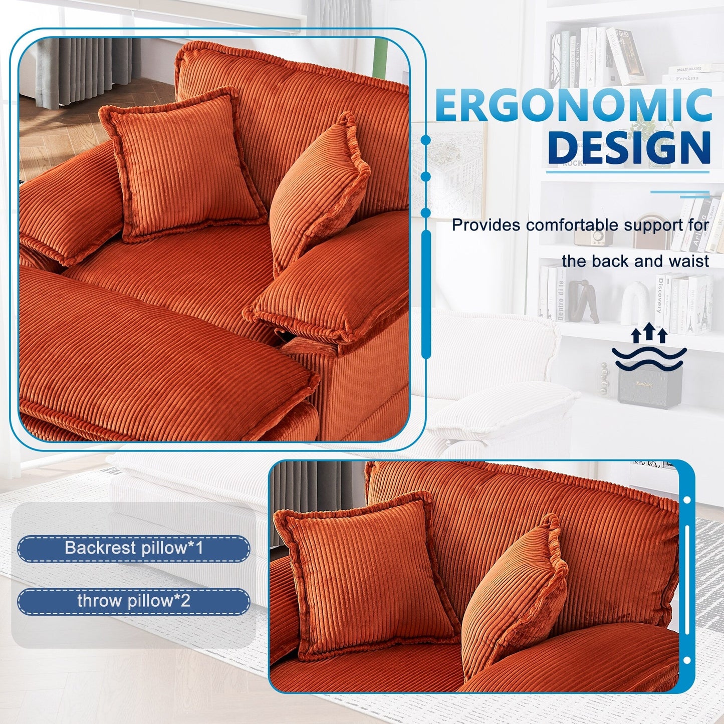 Orange 59.3 Corduroy Single Deep Seat Sofa with 2 Toss Pillows and Ottoman for Living Room