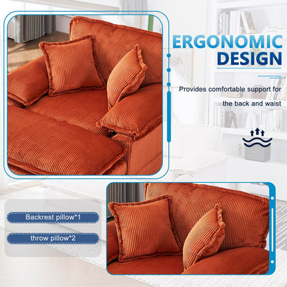 Orange 59.3 Corduroy Single Deep Seat Sofa with 2 Toss Pillows and Ottoman for Living Room