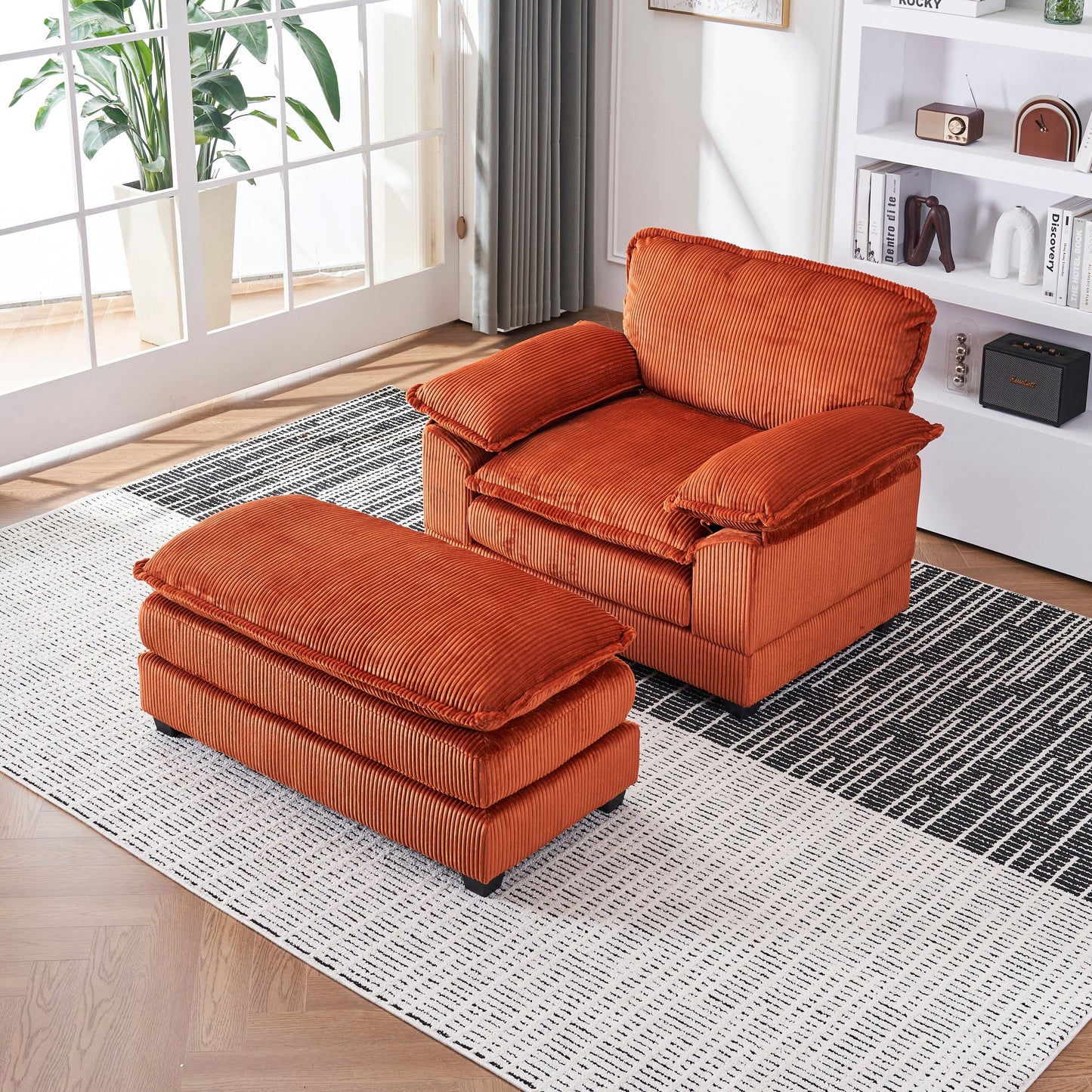 Orange 59.3 Corduroy Single Deep Seat Sofa with 2 Toss Pillows and Ottoman for Living Room