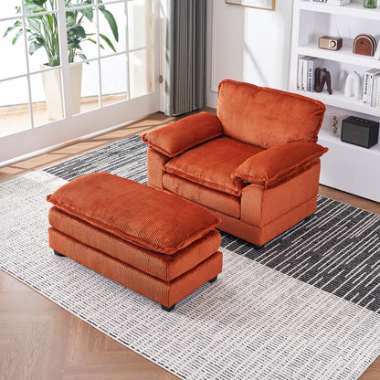 Orange 59.3 Corduroy Single Deep Seat Sofa with 2 Toss Pillows and Ottoman for Living Room