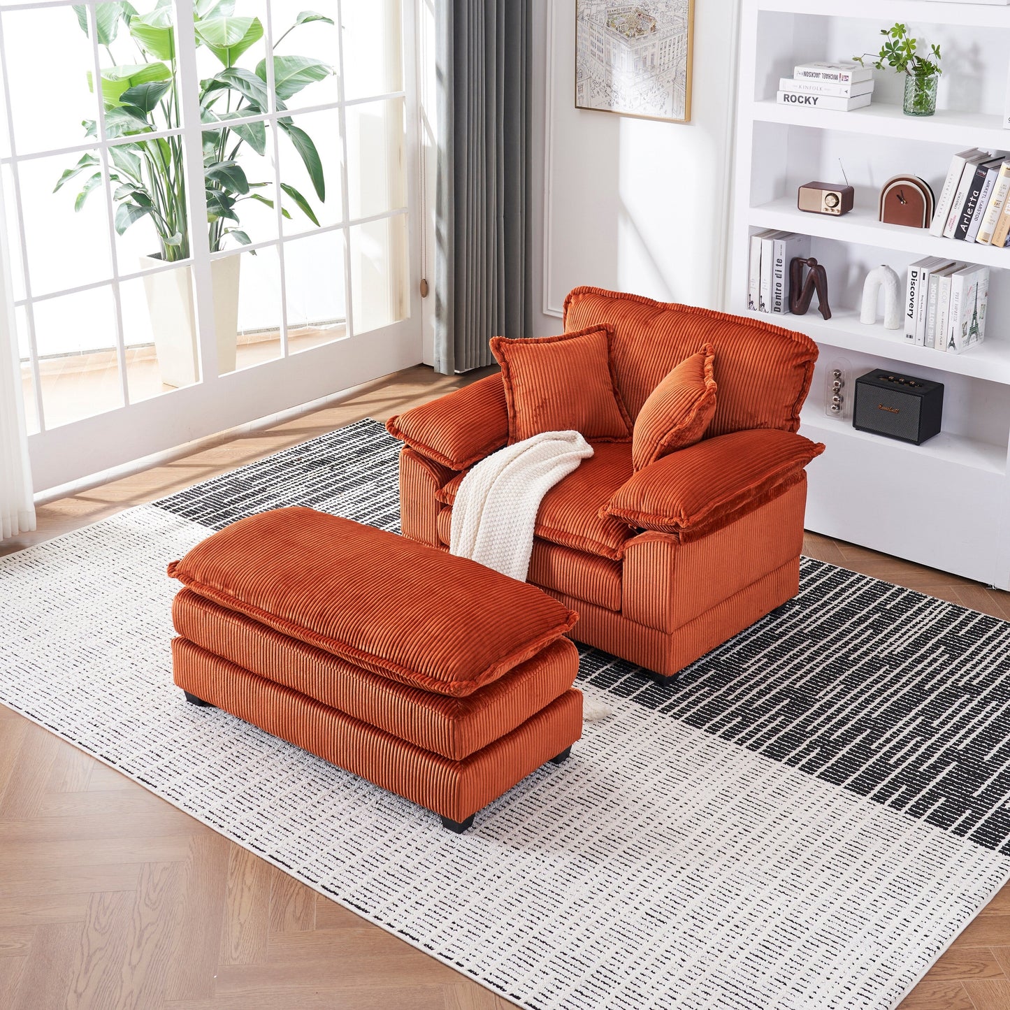 Orange 59.3 Corduroy Single Deep Seat Sofa with 2 Toss Pillows and Ottoman for Living Room
