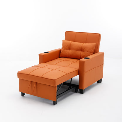 Orange 68.12 Faux Leather 3-in-1 Single Convertible Pull Out Sofa with USB Ports and Wear-resistantfor Living Room