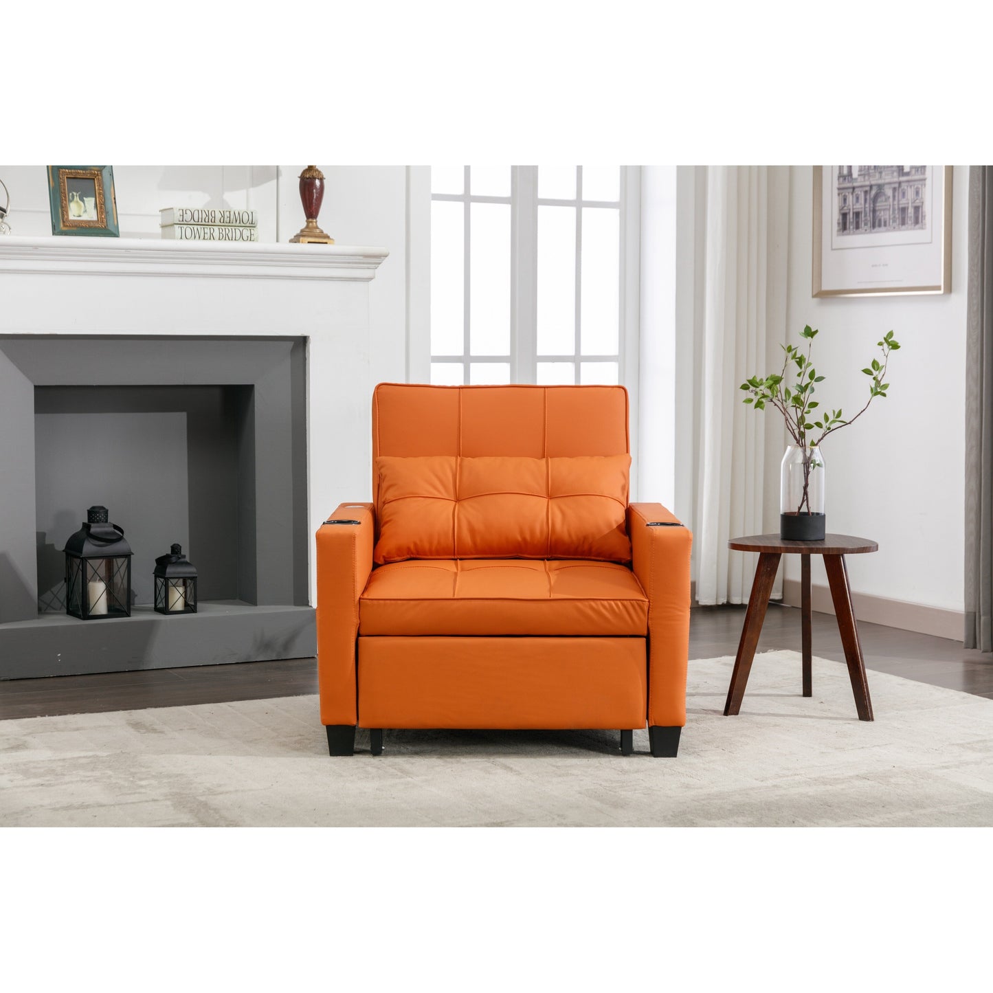 Orange 68.12 Faux Leather 3-in-1 Single Convertible Pull Out Sofa with USB Ports and Wear-resistantfor Living Room