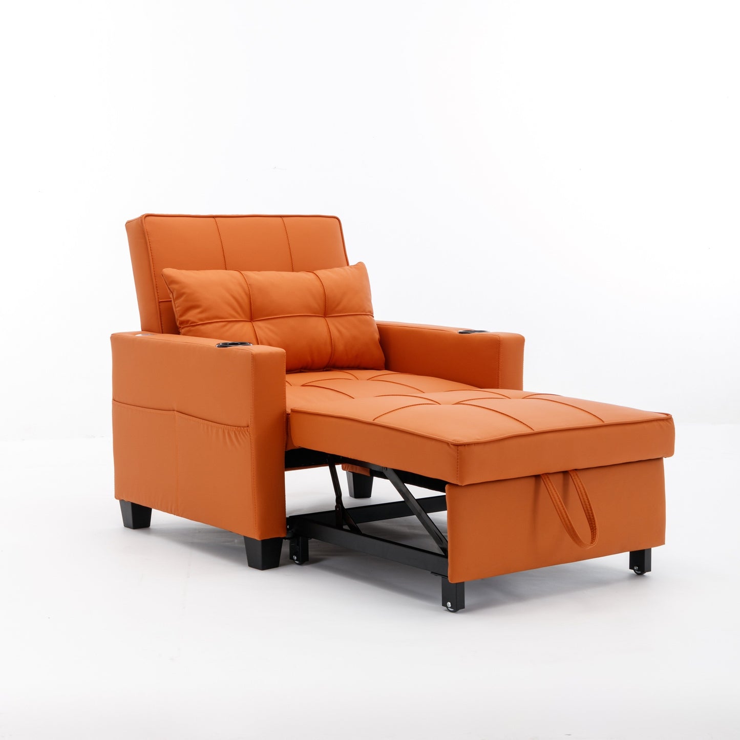 Orange 68.12 Faux Leather 3-in-1 Single Convertible Pull Out Sofa with USB Ports and Wear-resistantfor Living Room