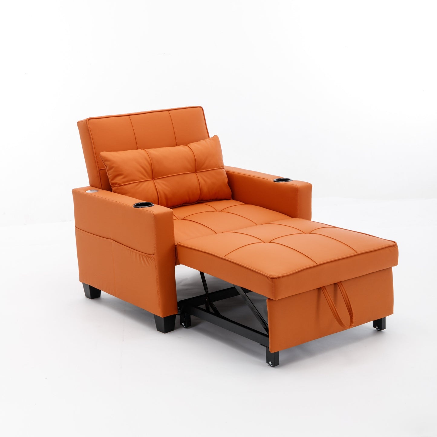 Orange 68.12 Faux Leather 3-in-1 Single Convertible Pull Out Sofa with USB Ports and Wear-resistantfor Living Room