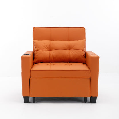 Orange 68.12 Faux Leather 3-in-1 Single Convertible Pull Out Sofa with USB Ports and Wear-resistantfor Living Room