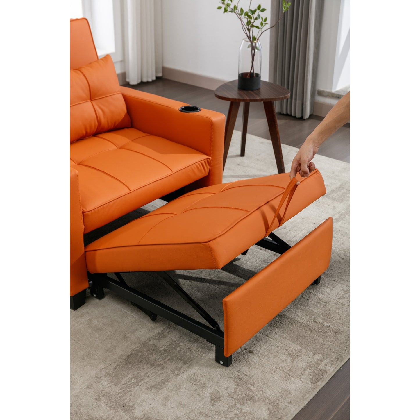 Orange 68.12 Faux Leather 3-in-1 Single Convertible Pull Out Sofa with USB Ports and Wear-resistantfor Living Room