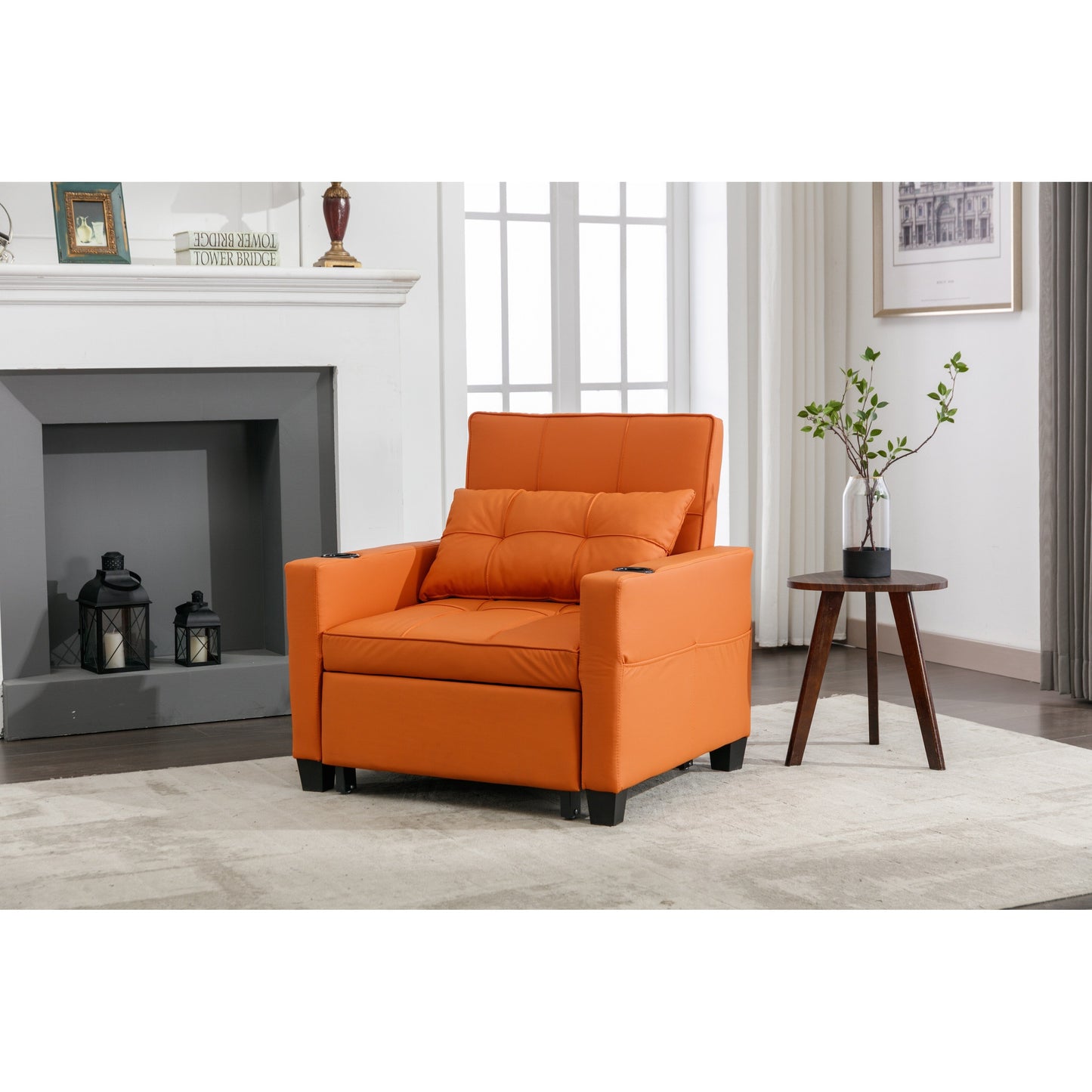 Orange 68.12 Faux Leather 3-in-1 Single Convertible Pull Out Sofa with USB Ports and Wear-resistantfor Living Room