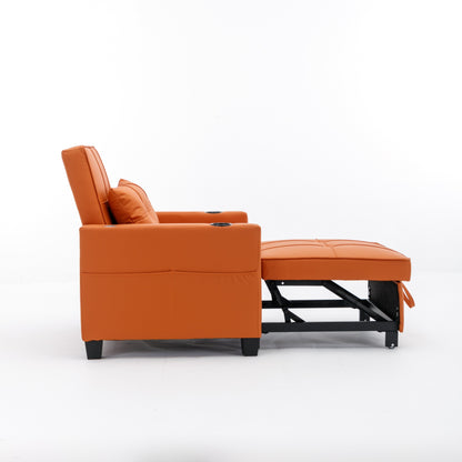 Orange 68.12 Faux Leather 3-in-1 Single Convertible Pull Out Sofa with USB Ports and Wear-resistantfor Living Room