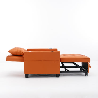 Orange 68.12 Faux Leather 3-in-1 Single Convertible Pull Out Sofa with USB Ports and Wear-resistantfor Living Room