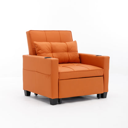 Orange 68.12 Faux Leather 3-in-1 Single Convertible Pull Out Sofa with USB Ports and Wear-resistantfor Living Room