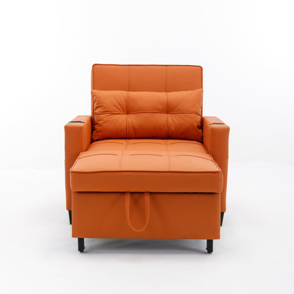 Orange 68.12 Faux Leather 3-in-1 Single Convertible Pull Out Sofa with USB Ports and Wear-resistantfor Living Room