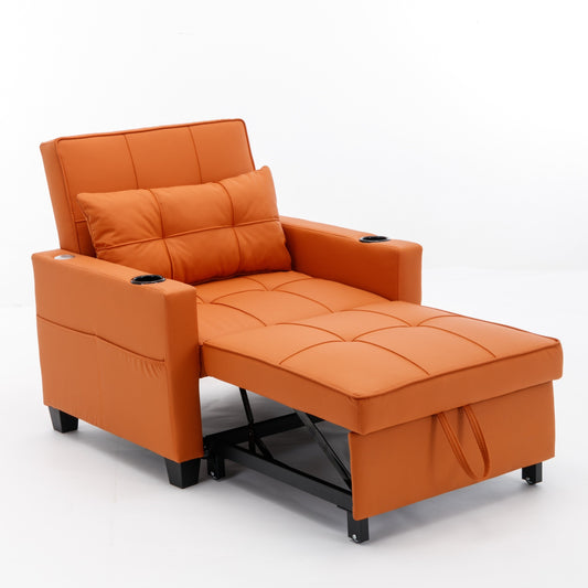 Orange 68.12 Faux Leather 3-in-1 Single Convertible Pull Out Sofa with USB Ports and Wear-resistantfor Living Room