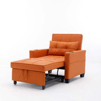 Orange 68.12 Faux Leather 3-in-1 Single Convertible Pull Out Sofa with USB Ports and Wear-resistantfor Living Room