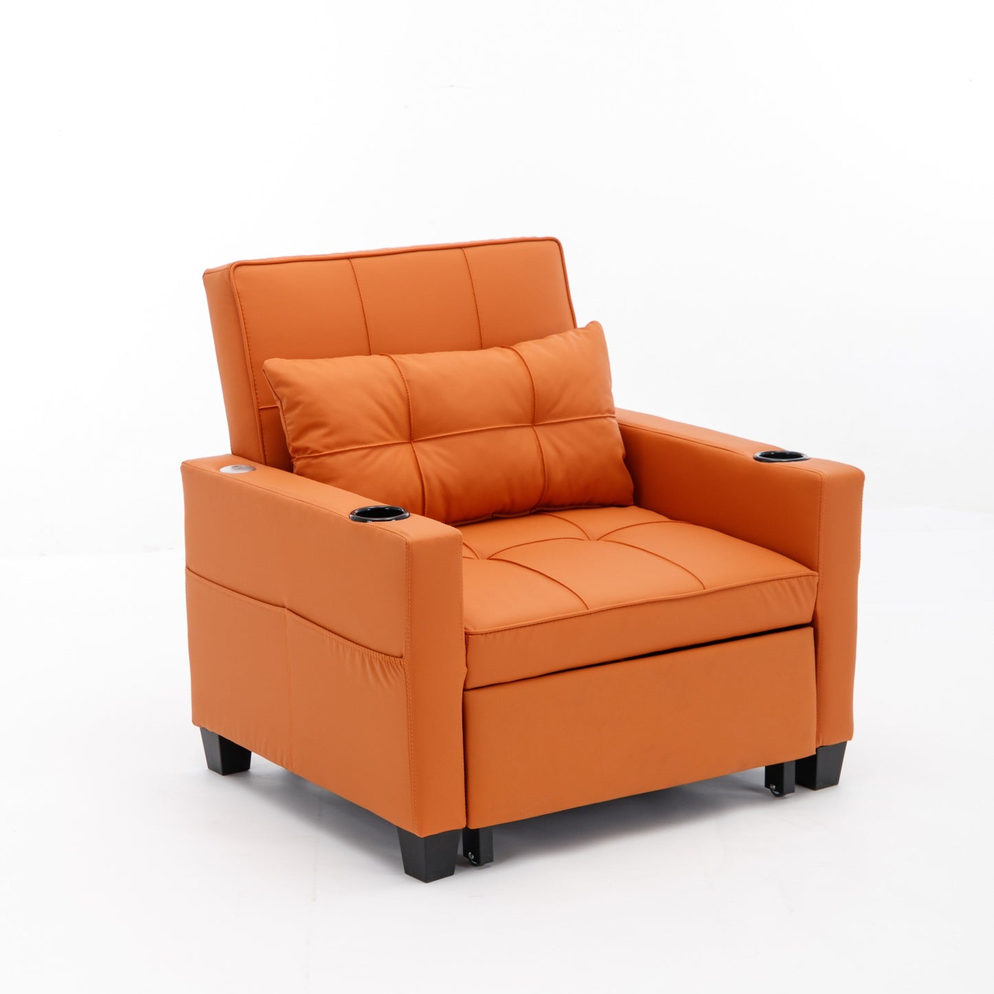 Orange 68.12 Faux Leather 3-in-1 Single Convertible Pull Out Sofa with USB Ports and Wear-resistantfor Living Room