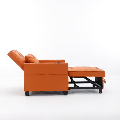 Orange 68.12 Faux Leather 3-in-1 Single Convertible Pull Out Sofa with USB Ports and Wear-resistantfor Living Room