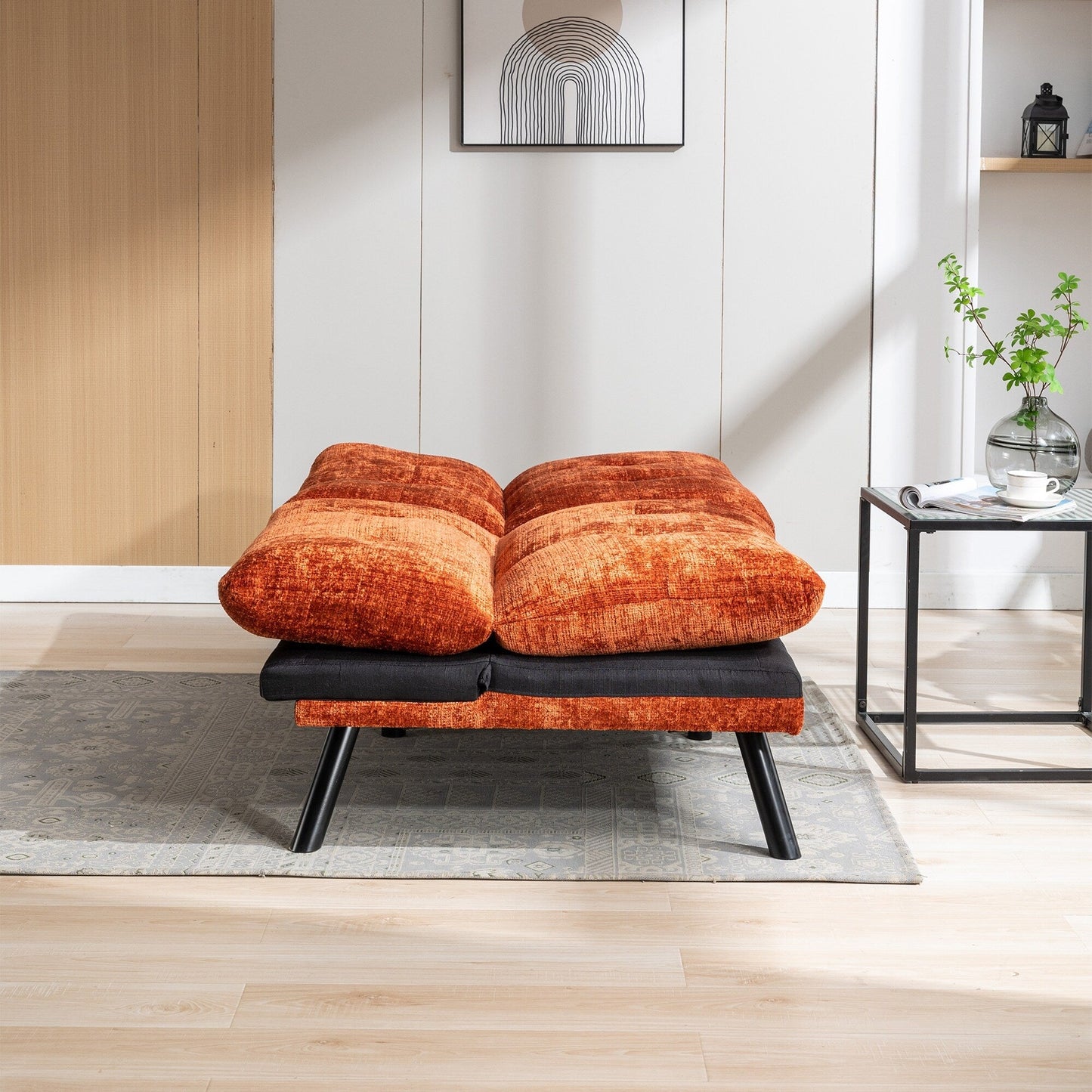 Orange 75.6 Chenille Convertible Loveseat Futon Sofa Bed with Metal Legs for Living Room