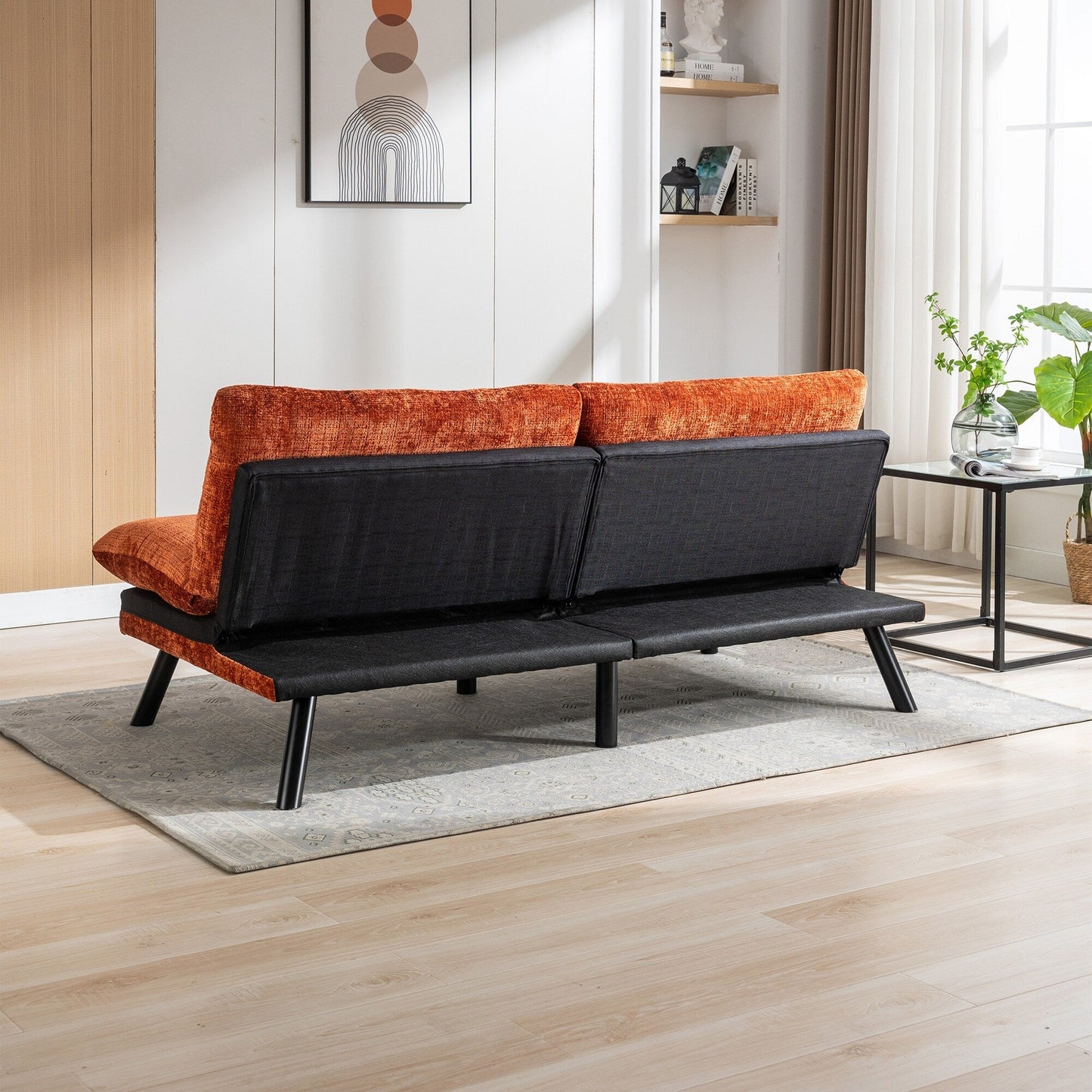 Orange 75.6 Chenille Convertible Loveseat Futon Sofa Bed with Metal Legs for Living Room