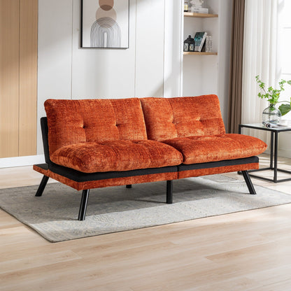 Orange 75.6 Chenille Convertible Loveseat Futon Sofa Bed with Metal Legs for Living Room