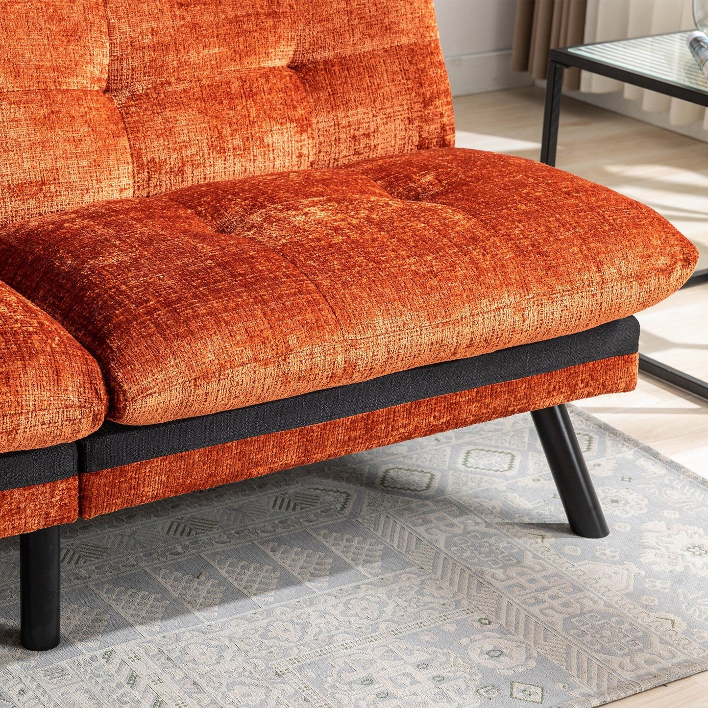 Orange 75.6 Chenille Convertible Loveseat Futon Sofa Bed with Metal Legs for Living Room