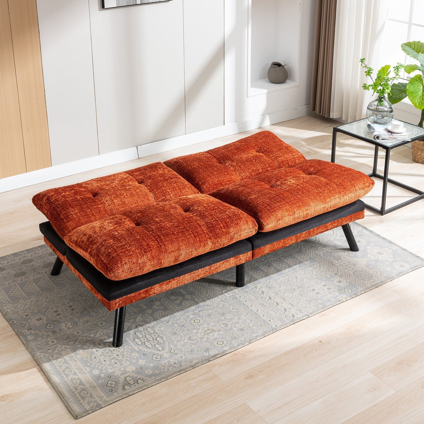 Orange 75.6 Chenille Convertible Loveseat Futon Sofa Bed with Metal Legs for Living Room