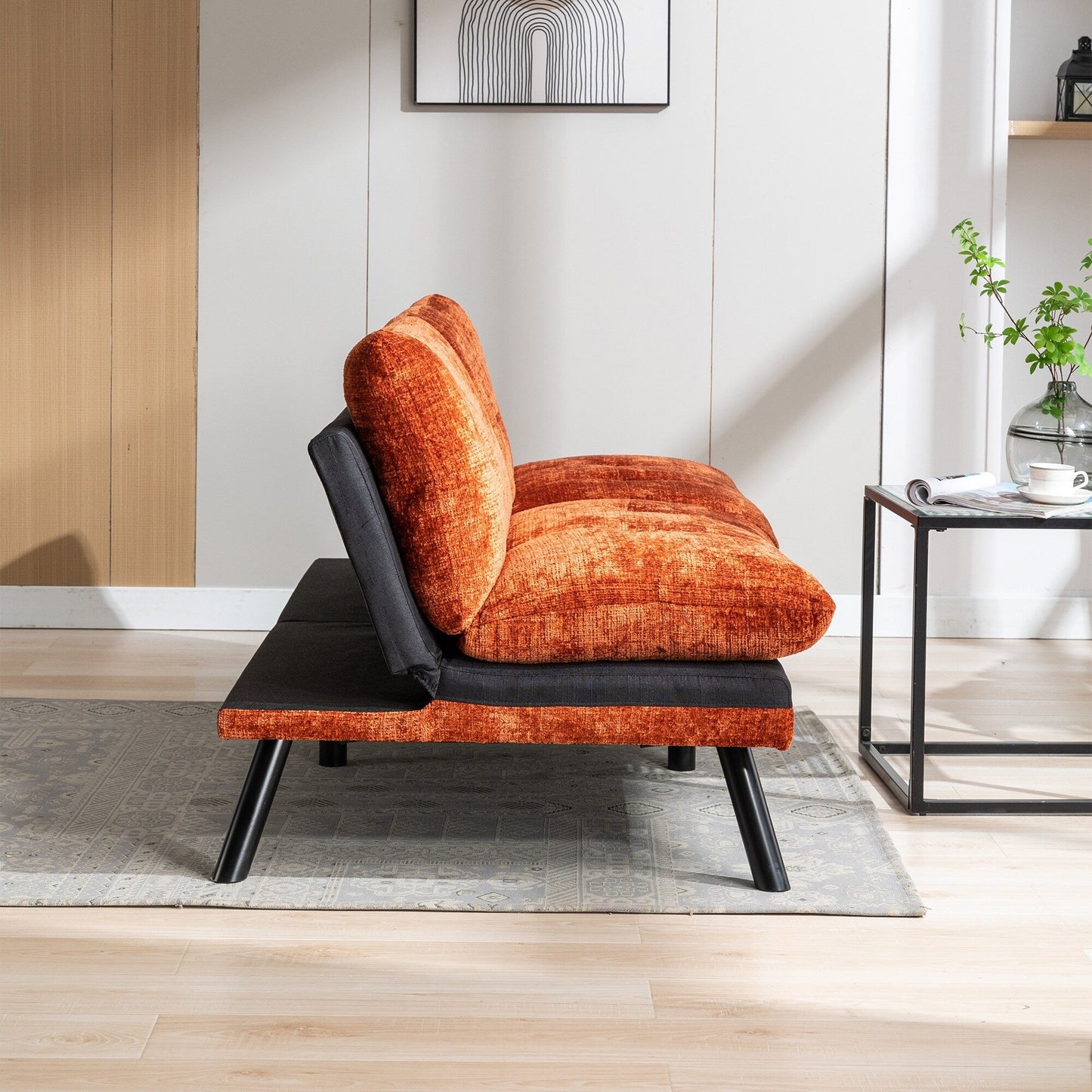 Orange 75.6 Chenille Convertible Loveseat Futon Sofa Bed with Metal Legs for Living Room