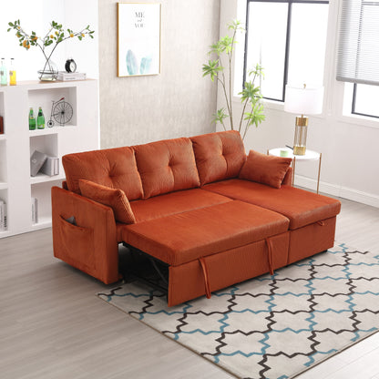Orange 81.1'' Corduroy L-Shaped 3-Seater Sofa with Reversible Chaise and Storage Seats