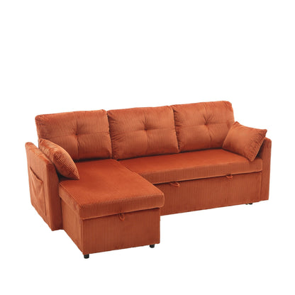 Orange 81.1'' Corduroy L-Shaped 3-Seater Sofa with Reversible Chaise and Storage Seats