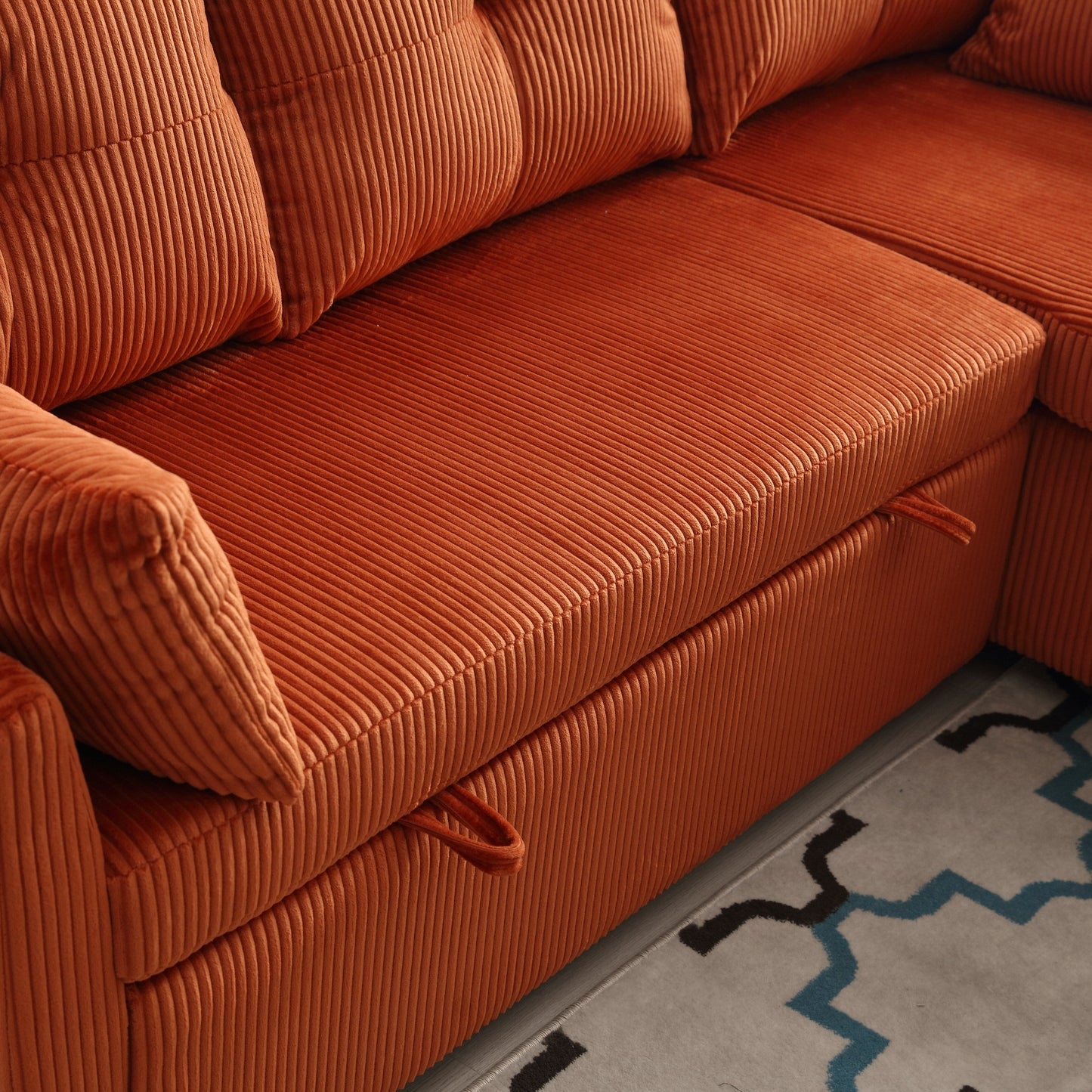 Orange 81.1'' Corduroy L-Shaped 3-Seater Sofa with Reversible Chaise and Storage Seats