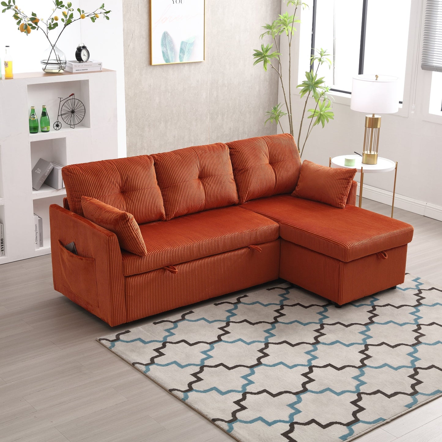 Orange 81.1'' L-Shaped Fabric Sofa: Reversible Chaise, Storage, Solid Wood Frame, and Foam Seating